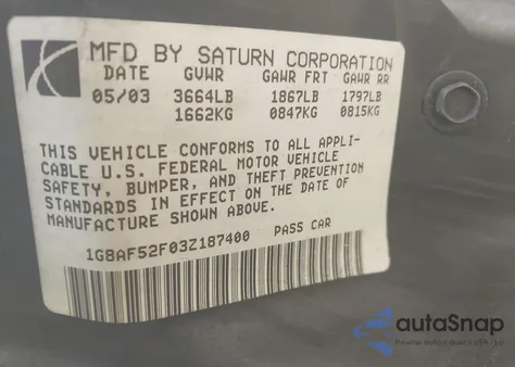 2003 Saturn Ion 1 from USA, damaged, VIN 1G8AF52F03Z187400